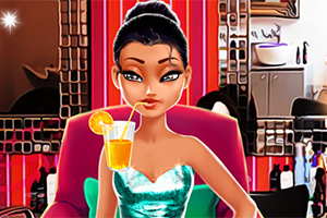 青いドレスを着たアニメ風の女性がオレンジジュースを飲んでいる。