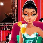 青いドレスを着たアニメ風の女性がオレンジジュースを飲んでいる。