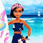 花の冠をつけた女性が、ビーチでデザインのあるサーフボードを持っている。