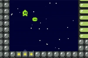 緑色のキャラクターが星空の背景に浮かぶピクセルアートのシーン。