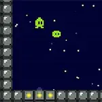 緑色のキャラクターが星空の背景に浮かぶピクセルアートのシーン。