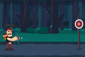 アーチェリーのキャラクターが夜の森の中でターゲットを狙って弓を引いている。