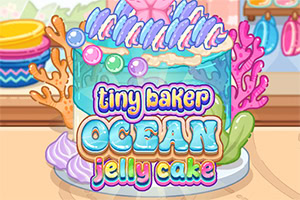 海のモチーフで飾られたカラフルなゼリーケーキと「Ocean Jelly Cake」の文字。