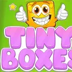 笑顔の四角いキャラクターがサムズアップし、「TINY BOXES」と書かれたピンクのテキストが配置された緑色の背景。