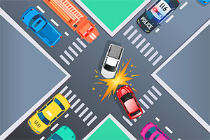 交差点で白い車と赤い車が衝突している様子のイラスト。