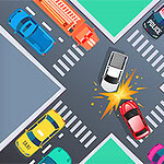 交差点で白い車と赤い車が衝突している様子のイラスト。