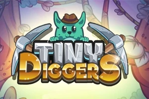 背景にカラフルな木々が描かれた中、中央に「TINY DIGGERS」と書かれたロゴと、両サイドにピッケルを持った帽子をかぶった緑色のキャラクター。