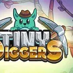 背景にカラフルな木々が描かれた中、中央に「TINY DIGGERS」と書かれたロゴと、両サイドにピッケルを持った帽子をかぶった緑色のキャラクター。