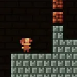 茶色のキャラクターがレンガの壁で構成された階段に立っているピクセルアートのシーン。