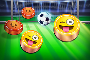 サッカーボールとサッカーゴールの前に、ウィンクしている絵文字のパックと怒った表情の絵文字パックがあるシーン。