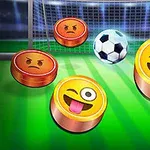 サッカーボールとサッカーゴールの前に、ウィンクしている絵文字のパックと怒った表情の絵文字パックがあるシーン。