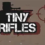 「TINY RIFLES」と書かれた文字の背景に、狙撃手のシルエットと照準が描かれている画像。
