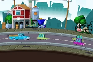 アニメーションスタイルの街並みで、曲がった道路上を走るカラフルな車と、背景に赤い家と工場があります。