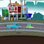 アニメーションスタイルの街並みで、曲がった道路上を走るカラフルな車と、背景に赤い家と工場があります。