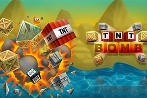 爆発する木箱やTNTの箱が水辺の近くで飛び散っている様子。