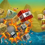 爆発する木箱やTNTの箱が水辺の近くで飛び散っている様子。
