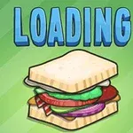緑の背景に「LOADING」という青い文字とサンドイッチのイラスト。