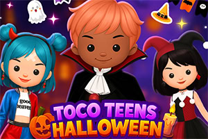 ハロウィン衣装の3人のキャラクターとカボチャやおばけが描かれたポップなイラスト。