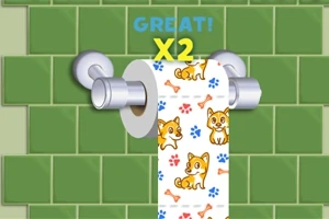 犬のイラストが印刷されたトイレットペーパーがホルダーに取り付けられた緑のタイル壁の前にある。