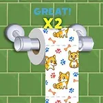 犬のイラストが印刷されたトイレットペーパーがホルダーに取り付けられた緑のタイル壁の前にある。