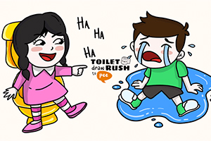 トイレに座った女の子が、床に座って泣いている男の子を指さして笑っているイラスト。