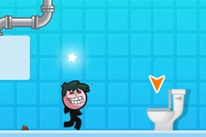 青いタイルの背景に笑顔のキャラクターがトイレに向かって歩いている。