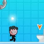 青いタイルの背景に笑顔のキャラクターがトイレに向かって歩いている。
