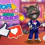 アニメ風の猫のキャラクターがフォーマルな服を着て並んでいるイラスト。