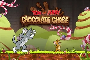 灰色の猫と小さな茶色のネズミがチョコレートの世界で追いかけっこをしている様子。