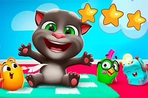 灰色の猫と3匹のカラフルなキャラクターが明るい背景で笑顔を見せているイラスト。