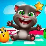 灰色の猫と3匹のカラフルなキャラクターが明るい背景で笑顔を見せているイラスト。
