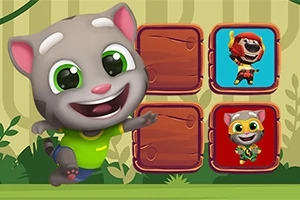 灰色の猫のキャラクターが、四つの赤いボックスの前でポーズを取っている。