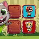 灰色の猫のキャラクターが、四つの赤いボックスの前でポーズを取っている。