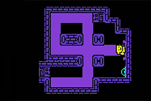 紫色の迷路の中に、黄色のキャラクターと青色のアイテムが配置されたシンプルなピクセルアートのゲーム画面。