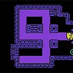 紫色の迷路の中に、黄色のキャラクターと青色のアイテムが配置されたシンプルなピクセルアートのゲーム画面。