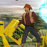 茶色のカウボーイハットをかぶった男性が、背景に緑と青の自然の風景の中で青い宝石と黄色いブロックに囲まれている。