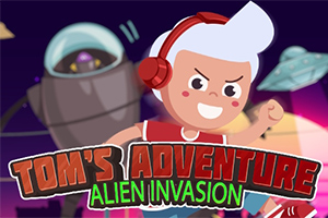 赤いヘッドホンをしたキャラクターと宇宙船が背景にあるカラフルなイラスト。