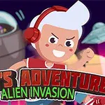 赤いヘッドホンをしたキャラクターと宇宙船が背景にあるカラフルなイラスト。