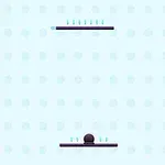 水色の背景に黒い球体と2本の水平なプラットフォームが配置されたシンプルなデザイン。