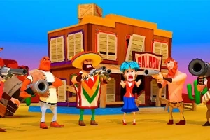西部のサルーンの前で銃を持つ個性的な衣装のキャラクターたち。