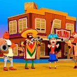 西部のサルーンの前で銃を持つ個性的な衣装のキャラクターたち。