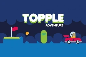 青い背景に「TOPPLE ADVENTURE」の文字、旗、コイン、緑のキャラクター、車のイラストが描かれた画像。