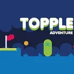 青い背景に「TOPPLE ADVENTURE」の文字、旗、コイン、緑のキャラクター、車のイラストが描かれた画像。
