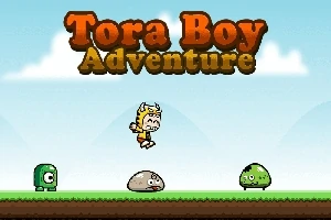 青空を背景に、小さなキャラクターがジャンプしているシーンと3体のカラフルなモンスター。