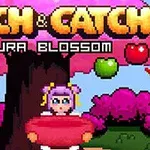 ピクセルアートの女の子が、桜の木の下でフルーツをキャッチしようとしている。