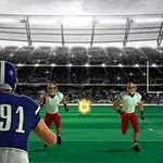 青いユニフォームを着たアメリカンフットボール選手が、グラウンドで赤と白のユニフォームを着た相手選手たちに向かってボールを持って走っている。