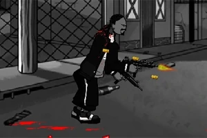 黒い服を着たキャラクターが銃を撃っているシーン。