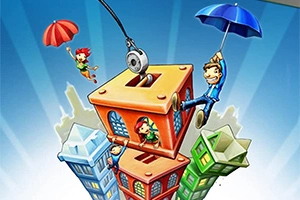 赤と青の傘を持ったキャラクターたちが、クレーンで持ち上げられたカラフルなビルの上にいる。