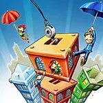 赤と青の傘を持ったキャラクターたちが、クレーンで持ち上げられたカラフルなビルの上にいる。