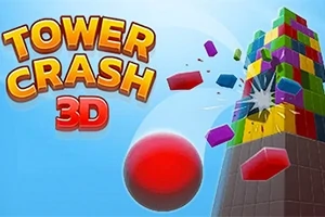 赤いボールがカラフルなブロックタワーに衝突し、破片が飛び散る様子を描いたイラスト。